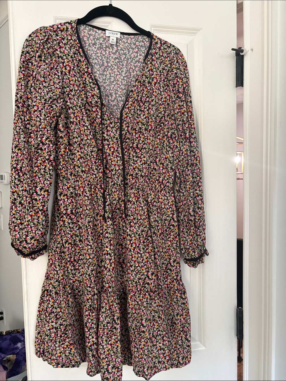 Jcrew Black Multi Floral V-Neck Tiered Long-Sleeve Dress